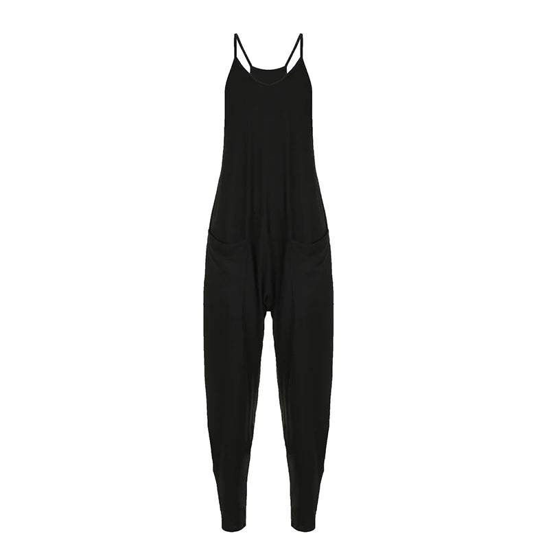 Streetwear Black Oversized Summer Jumpsuit Women Overalls Solid Loose Basic Spaghetti Strap Rompers Outfits One Piece