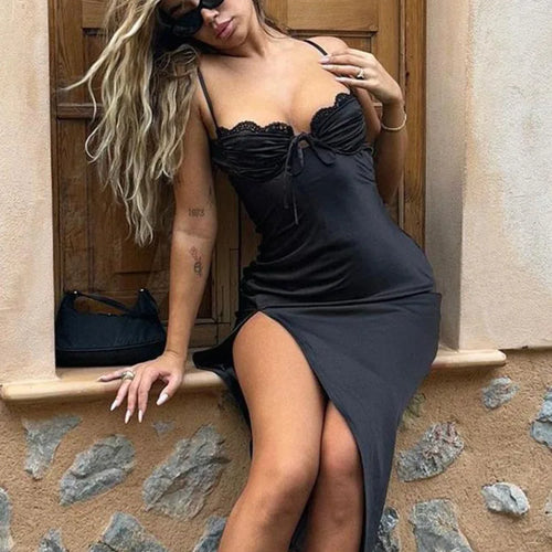 Load image into Gallery viewer, Sexy V-neck Strap High Split Satin Dress For Women Bodycon Lace Up Vesidos 2023 Autumn Slim Party Evening Dress Female
