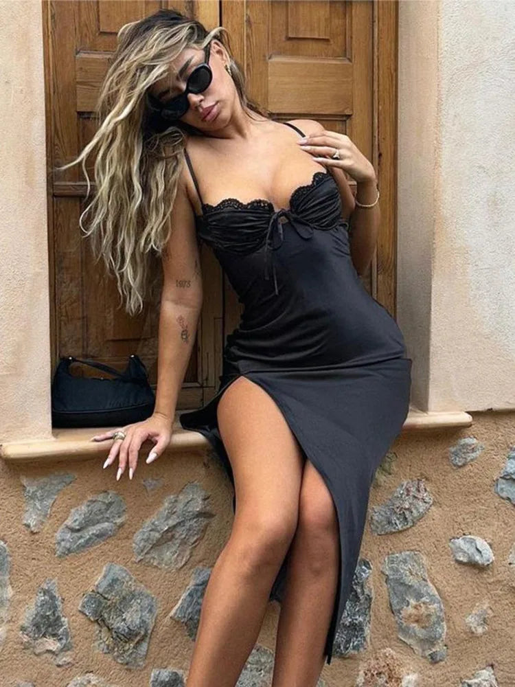 Sexy V-neck Strap High Split Satin Dress For Women Bodycon Lace Up Vesidos 2023 Autumn Slim Party Evening Dress Female