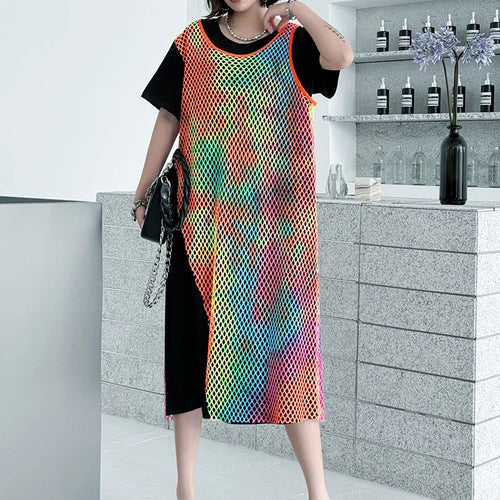 Load image into Gallery viewer, Women Green Colorful Spliced Big Size Midi Dress New Round Neck Short Sleeve Fashion Tide Spring Summer 2025 1DJ1155
