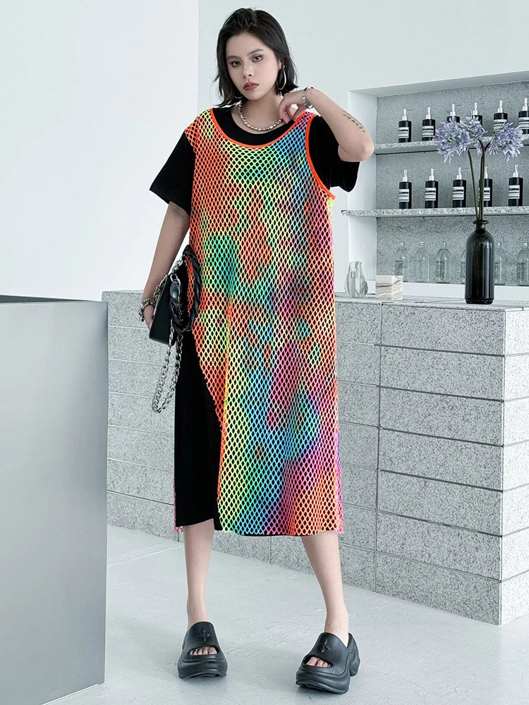Women Green Colorful Spliced Big Size Midi Dress New Round Neck Short Sleeve Fashion Tide Spring Summer 2025 1DJ1155