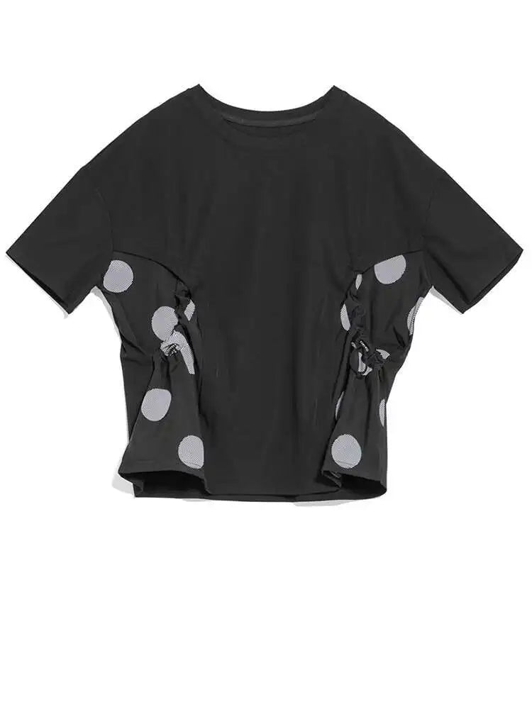 Women Black Dot Printed Color-block Big Size T-shirt New Round Neck Short Sleeve Fashion Tide Spring Summer 2025 1DH5058
