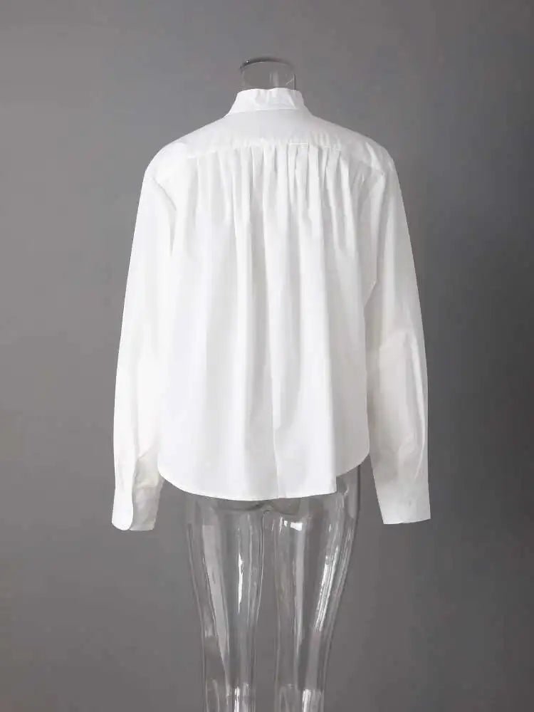 Women White Pleated Elegant Big Size Blouse New Stand Collar Long Sleeve Shirt Fashion Tide Spring Autumn 2025 CPG2608