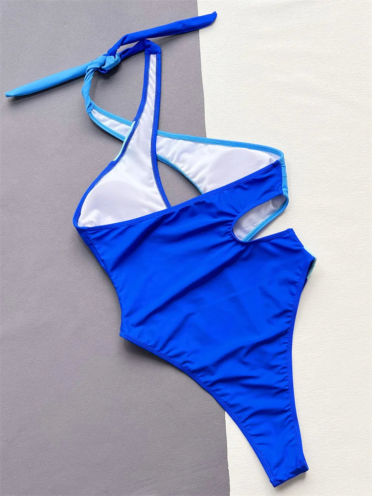 Sexy Asymmetric Splicing Halter Women Swimwear One Piece Swimsuit Female Backless Monokini Hollow Out Biquini