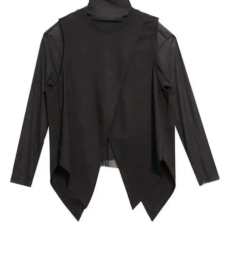 Women Black Mesh Perspective Irregular Thin T-shirt New Turtleneck Long Sleeve Fashion Tide Spring Autumn 2025 1DH7665