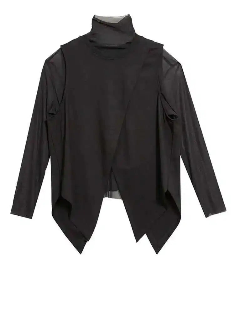 Women Black Mesh Perspective Irregular Thin T-shirt New Turtleneck Long Sleeve Fashion Tide Spring Autumn 2025 1DH7665