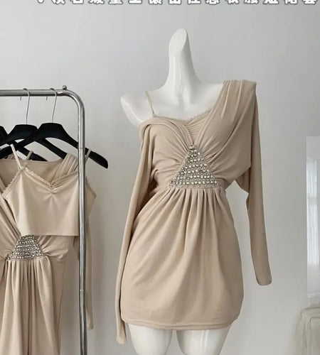 Women's Beige Diamonds Elegant Long Sleeve Pleated Short Dress Autumn V-neck High Waist A-line Party Evening Dress And Slip Tops