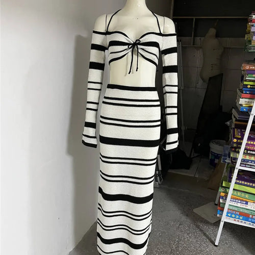 Load image into Gallery viewer, Striped Knit Skirt Two Piece Sets Women Strapless Long Sleeve Crop Tops And Maxi Skirt Sexy Two Piece Sets Knitwear
