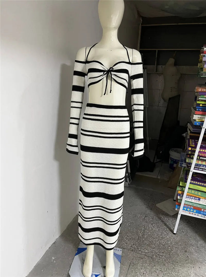 Striped Knit Skirt Two Piece Sets Women Strapless Long Sleeve Crop Tops And Maxi Skirt Sexy Two Piece Sets Knitwear