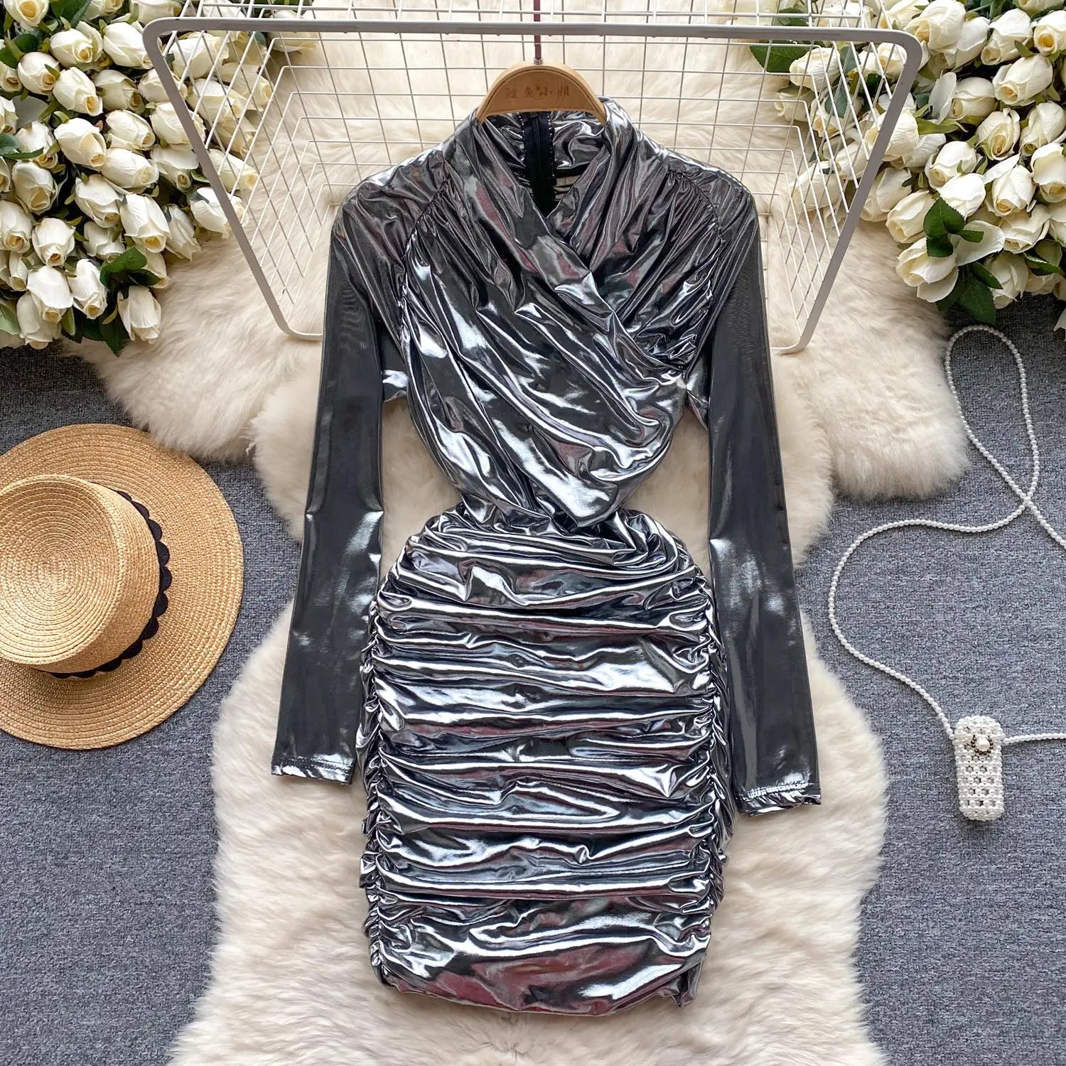 French Solid Elegant Office Ruched Holiday Party Wrapped Hip Mini Dress Women Short Pleated Zipper Evening Dress Popular Autumn