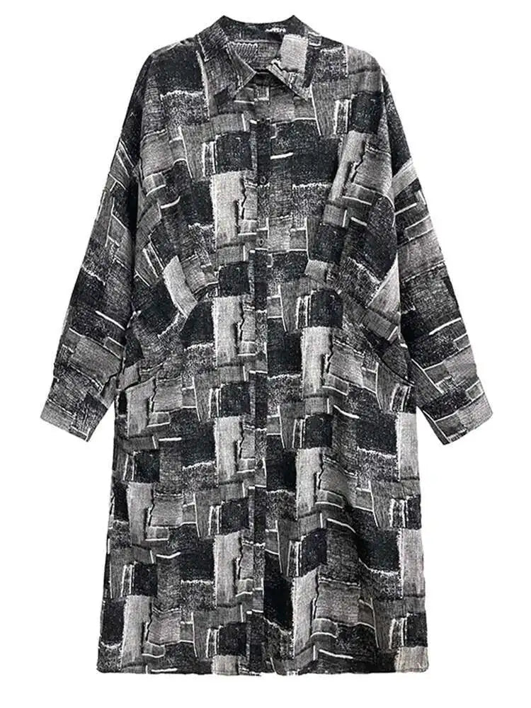 Women Black Pattern Printed Pocket Big Size Midi Shirt Dress New Lapel Long Sleeve Fashion Tide Spring Autumn 2025 1DH4102