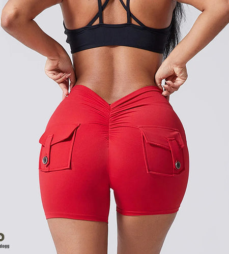 Deep V Back Yoga Shorts Women Pocket Scrunched Butt Gym Leggings High Waist Push Up Tights Sexy Booty Sports Shorts Fitness