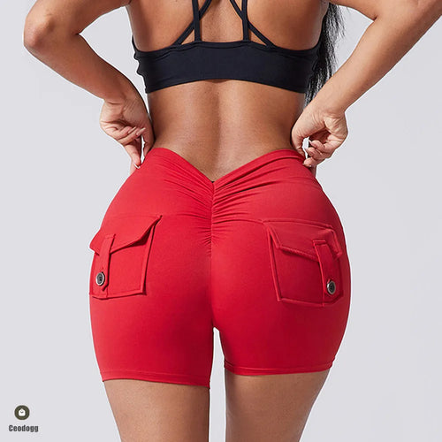 Load image into Gallery viewer, Deep V Back Yoga Shorts Women Pocket Scrunched Butt Gym Leggings High Waist Push Up Tights Sexy Booty Sports Shorts Fitness
