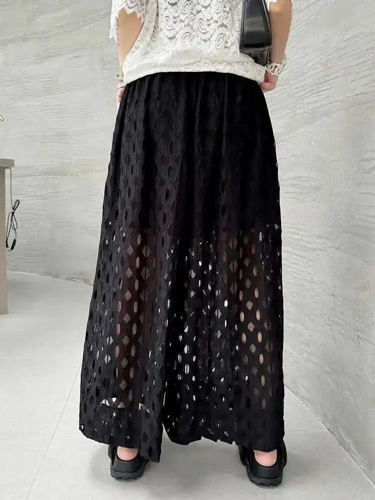 High Elastic Waist Black Lace Hollow Out Long Wide Leg Pants New Trousers Women Fashion Tide Spring Autumn 2025 1DH5969