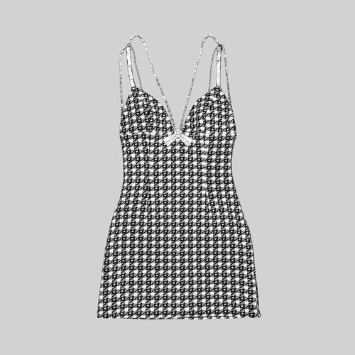 Load image into Gallery viewer, Houndstooth Spliced Chain Dresses For Women V Neck Sleeveless High Waist Backless Mini Dress Female Fashion
