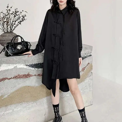 Load image into Gallery viewer, Women Black Irregular Hem Buckle Tassels Elegant Shirt Dress New Lapel Long Sleeve Fashion Tide Spring Autumn 2025 1DH4457
