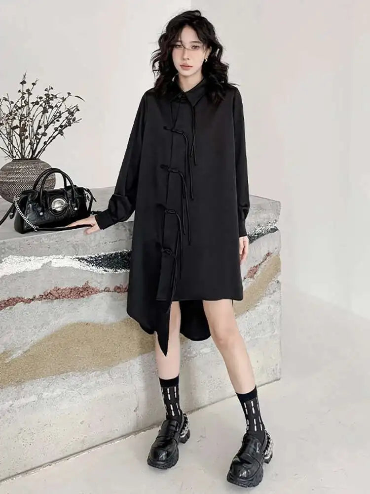 Women Black Irregular Hem Buckle Tassels Elegant Shirt Dress New Lapel Long Sleeve Fashion Tide Spring Autumn 2025 1DH4457
