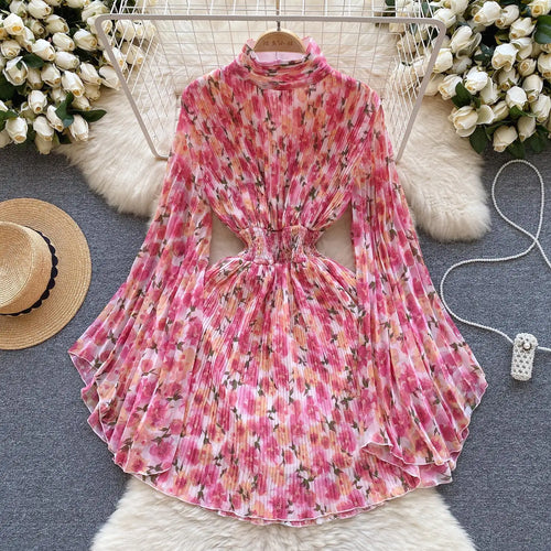Load image into Gallery viewer, French Women Elegant Floral Print Half High Collar Slim Midi Dress 2023 Autumn Flared Long Sleeve Fashion Vacation Pleated Dress
