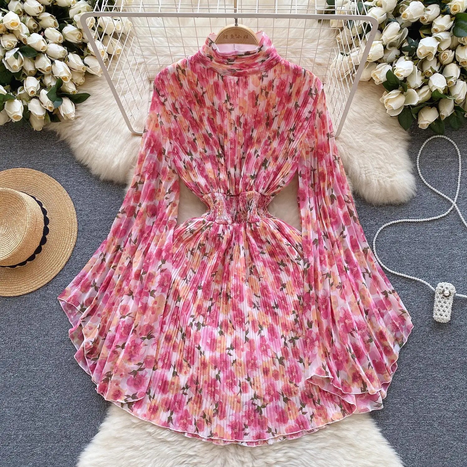 French Women Elegant Floral Print Half High Collar Slim Midi Dress 2023 Autumn Flared Long Sleeve Fashion Vacation Pleated Dress