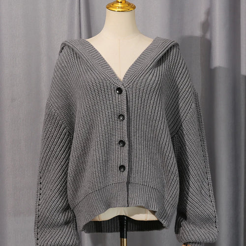 Load image into Gallery viewer, Solid Loose Spliced Hat Casual Cardigan for Women V Neck Long Sleeves Patchwork Single Breasted Cardigan Female New
