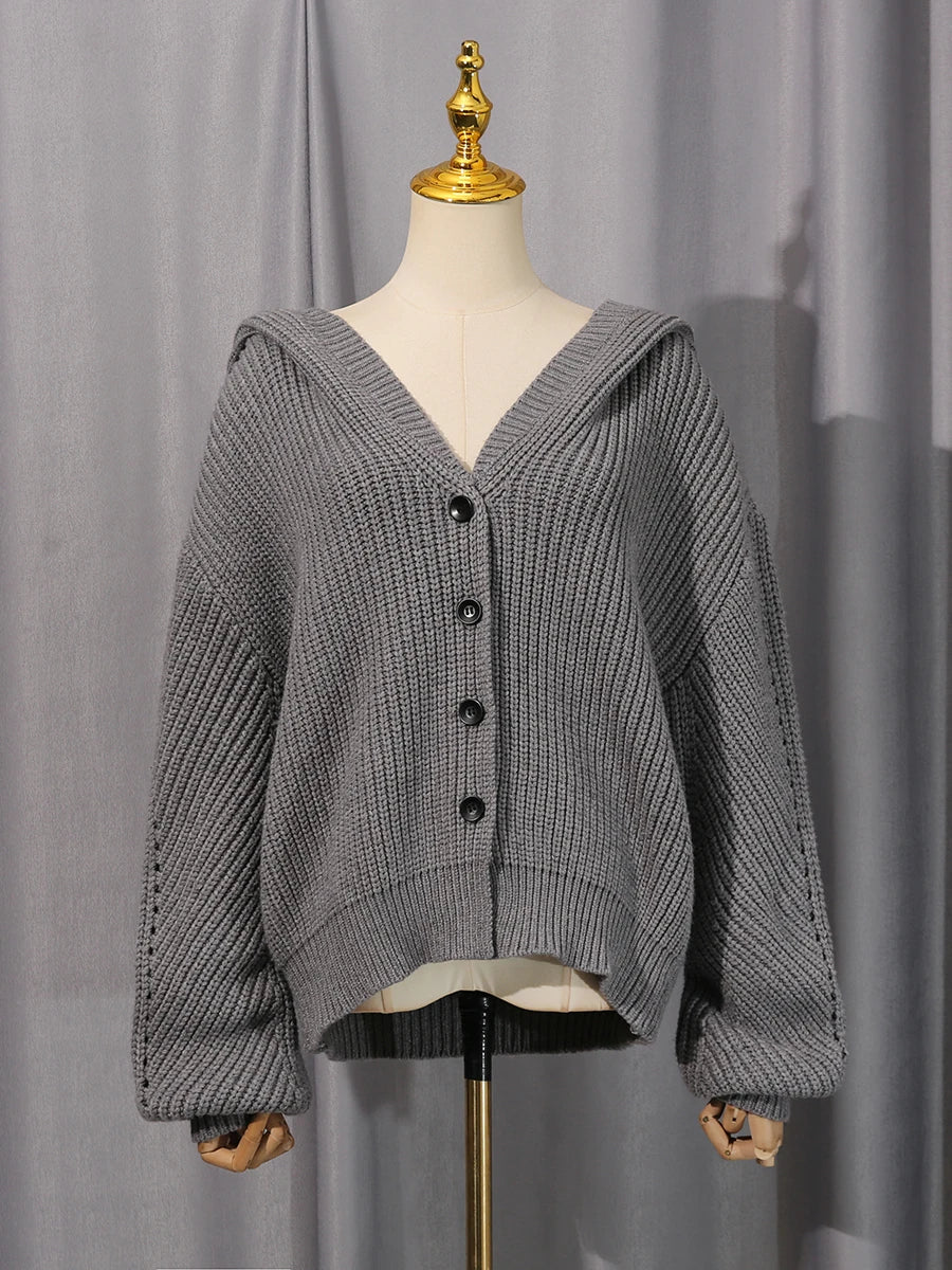 Solid Loose Spliced Hat Casual Cardigan for Women V Neck Long Sleeves Patchwork Single Breasted Cardigan Female New