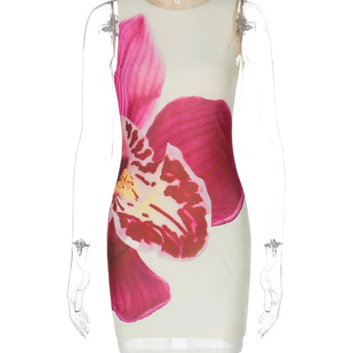 Load image into Gallery viewer, Mesh Floral Print Sexy Mini Dress Women Robe Summer New O Neck Sleeveless Slim Beach Holiday Bodycon Club Dress
