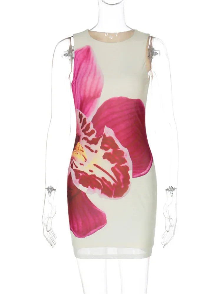 Mesh Floral Print Sexy Mini Dress Women Robe Summer New O Neck Sleeveless Slim Beach Holiday Bodycon Club Dress