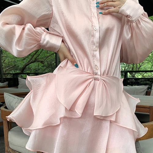 Load image into Gallery viewer, Solid Patchwork Ruffles Dress For Women Stand Collar Lantern Sleeve High Waist Elegant Mini Dresses Female Style
