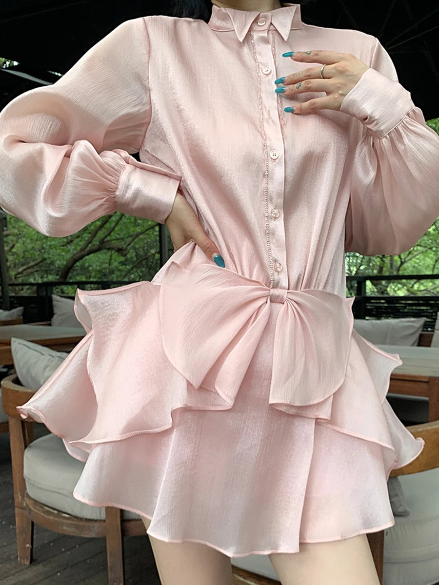 Solid Patchwork Ruffles Dress For Women Stand Collar Lantern Sleeve High Waist Elegant Mini Dresses Female Style