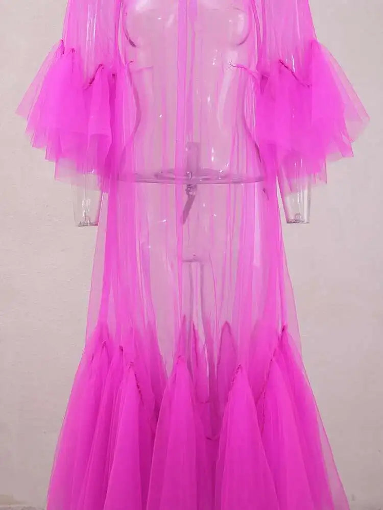 Women Purple Ruffles Mesh Perspective Big Size Long Dress New Round Neck Half Sleeve Fashion Spring Summer 2025 JR7711