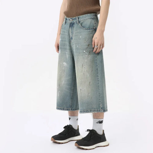 Load image into Gallery viewer, Niche Design Men&#39;s Denim Trousers Vintage Worn-out Ink Design Calf-length Pants Wide Leg Male Straigth Bottom 9C6312
