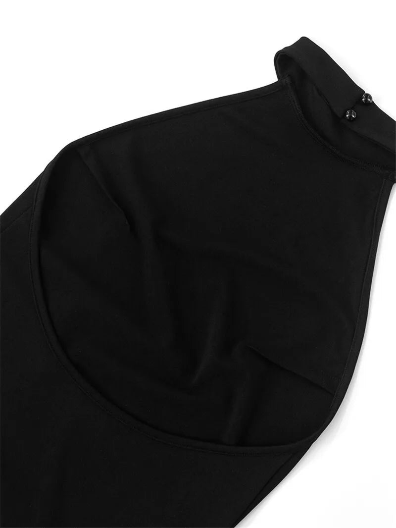 Patchwork Halter Backless Sexy Midi Dress Women Gown Elegant Fashion Contrast Color Sleeveless Pleated Long Dress