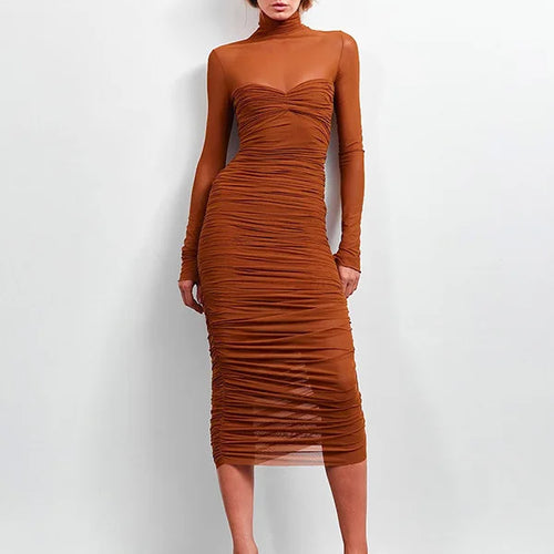 Load image into Gallery viewer, Elegant Mesh Patchwork Elastic Dress Women 2025 New Winter Solid Color High Neck Long Sleeve Sexy Perspective Vestido
