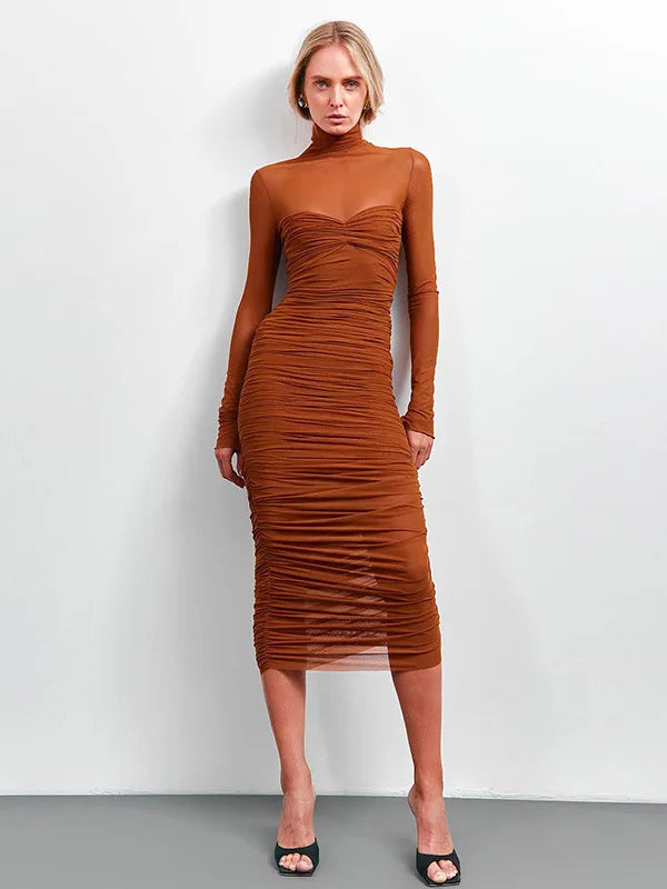 Elegant Mesh Patchwork Elastic Dress Women 2025 New Winter Solid Color High Neck Long Sleeve Sexy Perspective Vestido