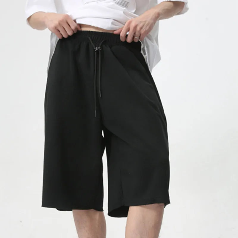 Simple Solid Color Men's Shorts Knee Length Wide Leg Drawstring Lace Male Fashion Trousers New Stylish Summer 9C6093