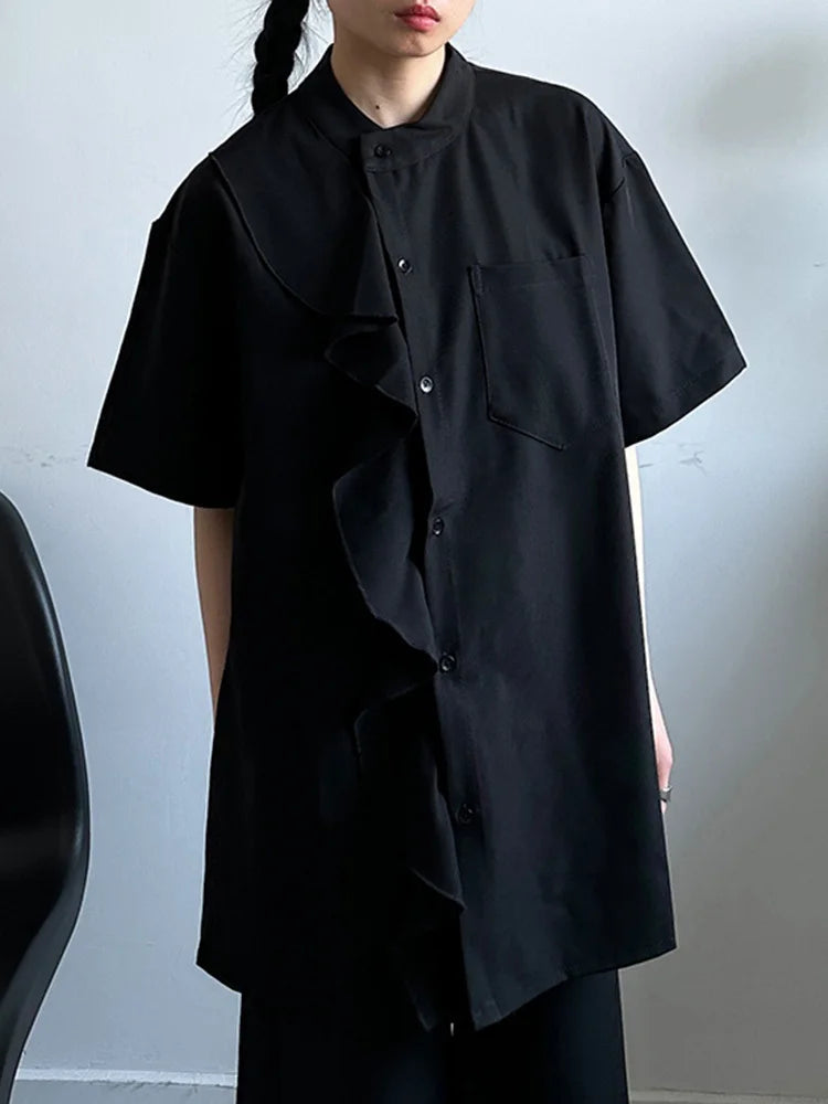 Women White Ruffles Pocket Big Size Blouse New Stand Collar Short Sleeve Shirt Fashion Tide Spring Summer 2025 1DJ0975