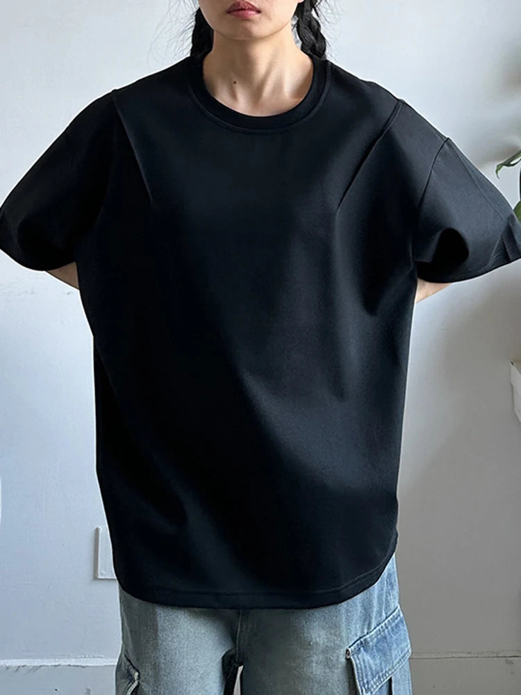 Women White Pleated Brief Big Size Casual T-shirt New Round Neck Short Sleeve Fashion Tide Spring Summer 2025 1DJ1177