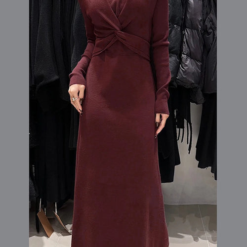 Load image into Gallery viewer, Solid Slimming Knitted Dresses For Women Stand Collar Long Sleeve High Waist Designer Dress Female Fashion Style
