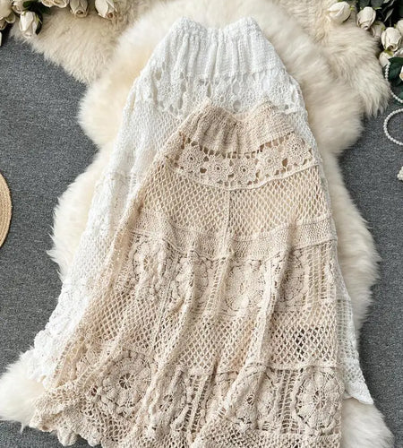 Retro French White Elegant Hook Flower Hollow Elastic High Waist Skirt Women Khaki Vacation Slim Skirts Female Autumn New Trend