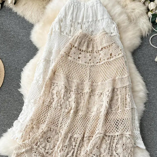 Load image into Gallery viewer, Retro French White Elegant Hook Flower Hollow Elastic High Waist Skirt Women Khaki Vacation Slim Skirts Female Autumn New Trend
