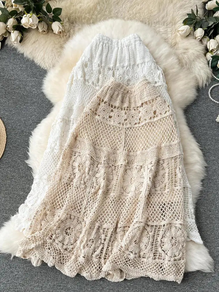 Retro French White Elegant Hook Flower Hollow Elastic High Waist Skirt Women Khaki Vacation Slim Skirts Female Autumn New Trend