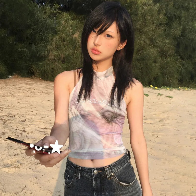 Japanese Y2k Halter Tops Vintage 2000s Style Diamond Tank Top Harajuku Tie-dye Backless Crop Top Korean Popular Tanktop