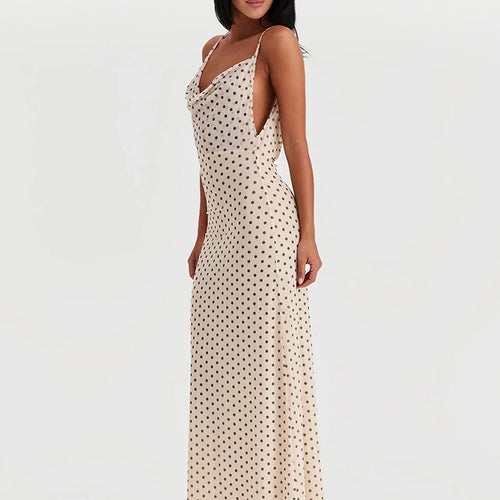 Load image into Gallery viewer, Spaghetti Strap Polka Dot Dress For Women Gown Fashion Irregular V Neck Sleeveless Backless Bodycon Club Long Dress
