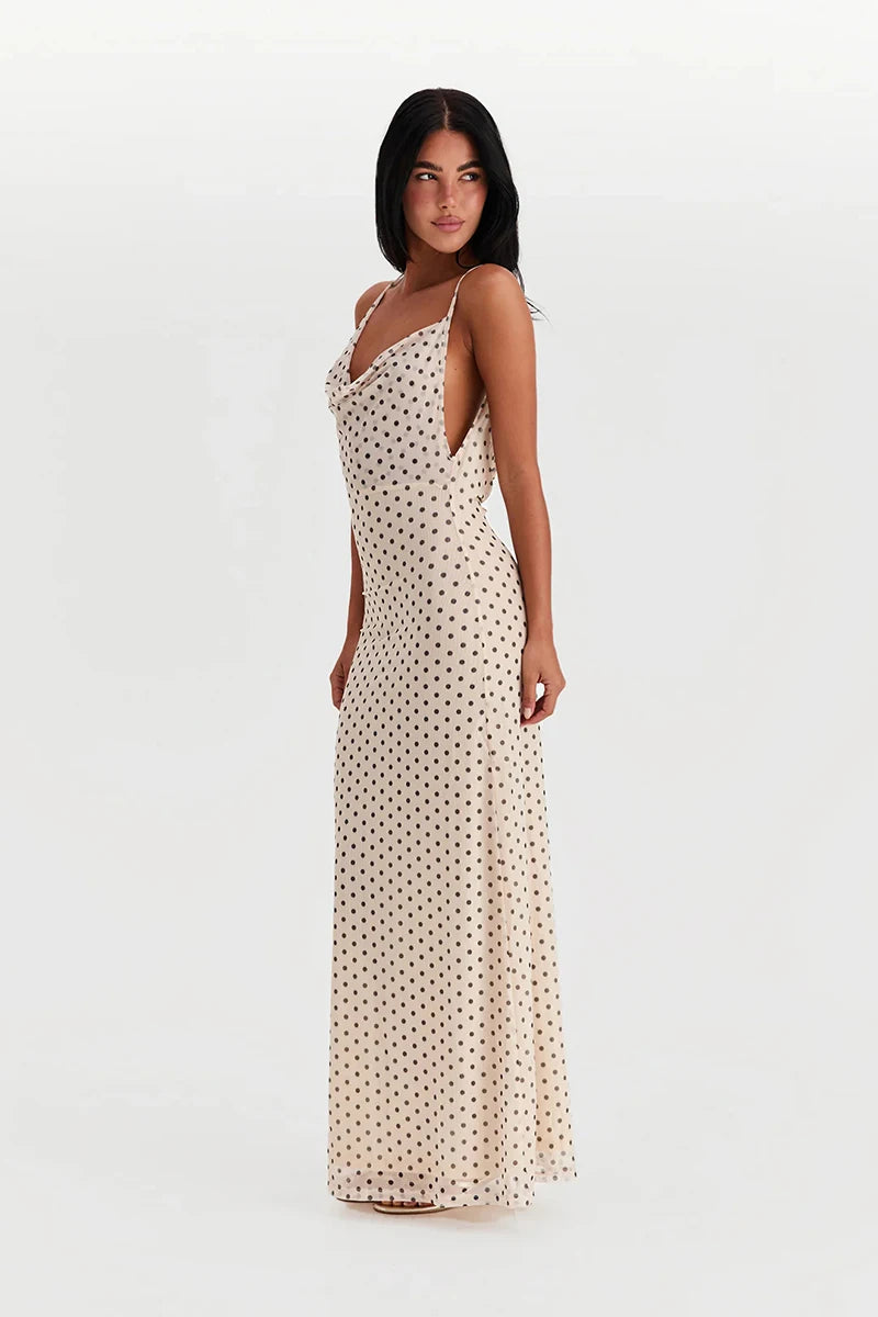 Spaghetti Strap Polka Dot Dress For Women Gown Fashion Irregular V Neck Sleeveless Backless Bodycon Club Long Dress