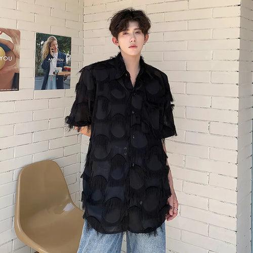 Load image into Gallery viewer, Summer Mesh Tassel Male Shirt Niche Short Sleeve Loose Fitting Shirts 2024 Solid Color Lapel Men Tops Fashion 24E1085
