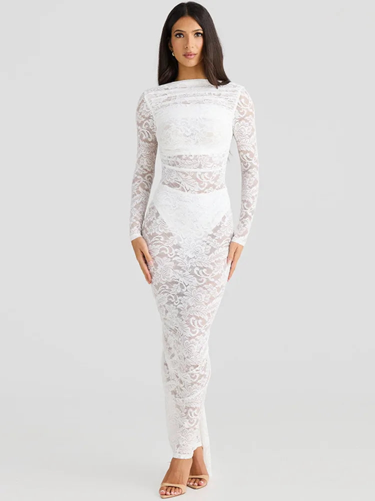 Lace Backless Sexy Maxi Dress For Women Gown Fashion Solid O Neck Long Sleeve Ruched Bodycon Club Long Dress Vestido