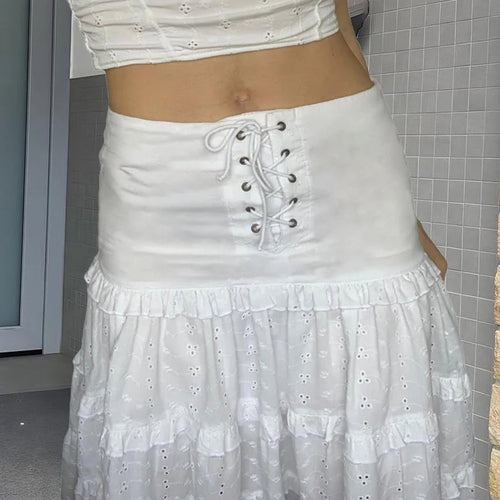 Load image into Gallery viewer, Boho Chic White Jacquard Low Waist Midi Skirt Summer Holidays Lace Up Fashion Female Skirt Ruffles Patchwork Stitched
