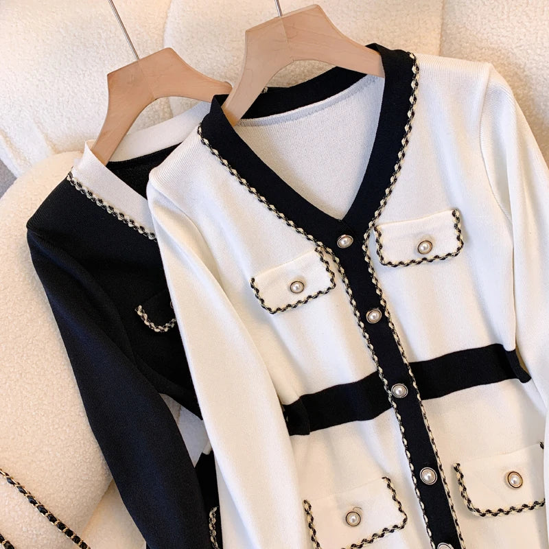 Autumn Winter Black White Patchwork Long Sleeves Knitted Dress French Women's Elegant Single Breasted Office Dress Fashion Trend