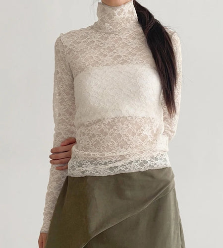 Fashion White Stitch Chic Lace Shirt Women Turtleneck See Through Sexy Top Outfits Streetwear Slim T-shirts Elegant