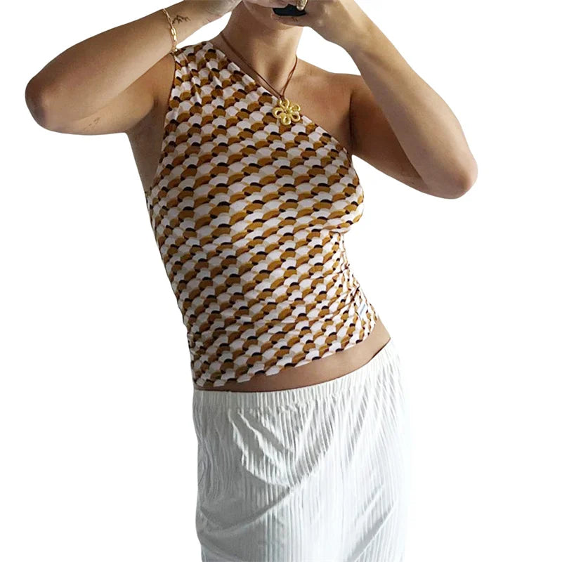 One Shoulder Tank Top for Women Floral Print Sleeveless Backless Vest Cropped T Shirt y2k Aesthetic Clothing Streetwear